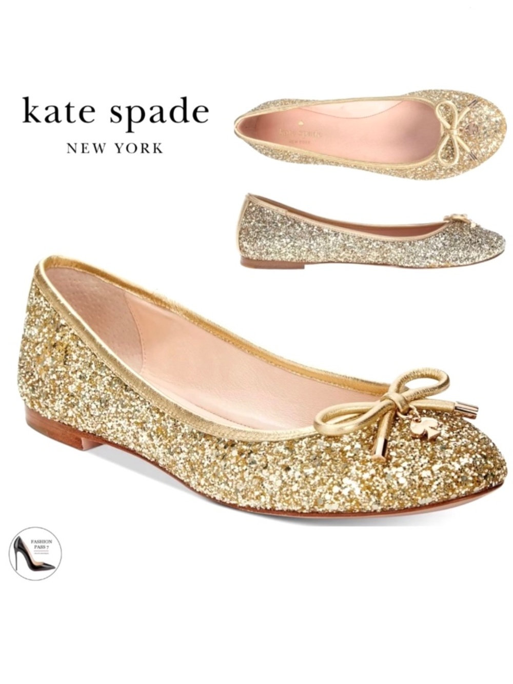 Kate Spade Willa Gold Glitter Ballet Flats Comfort Round‑Toe Designer Shoes 5